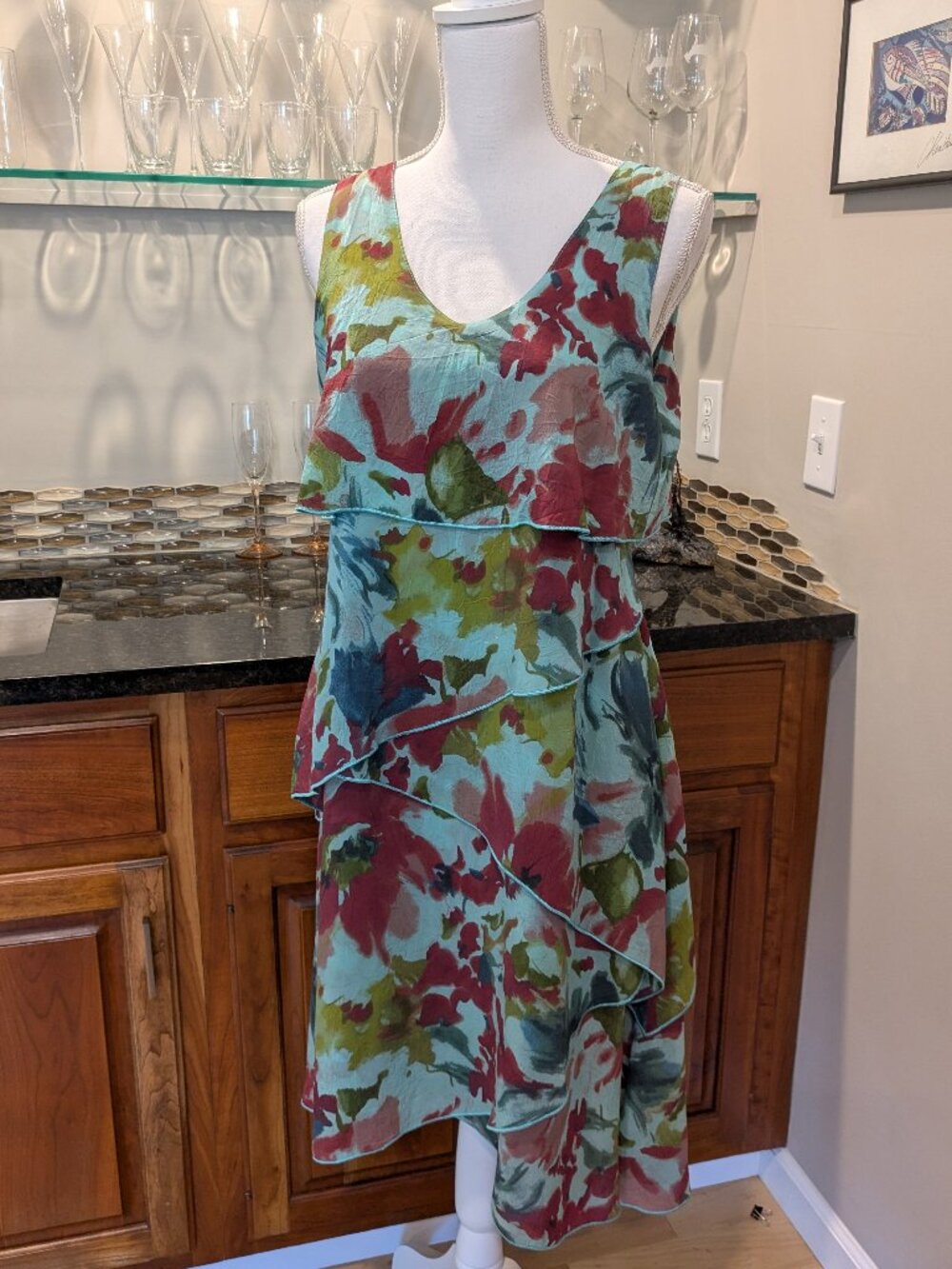 Stunning Vintage Y2K Click by Color Me Cotton Floral Aqua Overlay Midi Dress